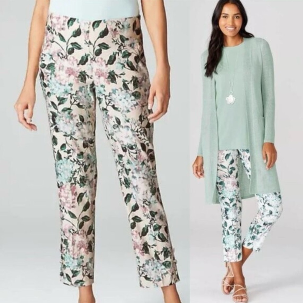 J. Jill Linen Blend Cropped Stretch  Pants Hydrangeas Floral Size Large‎ New